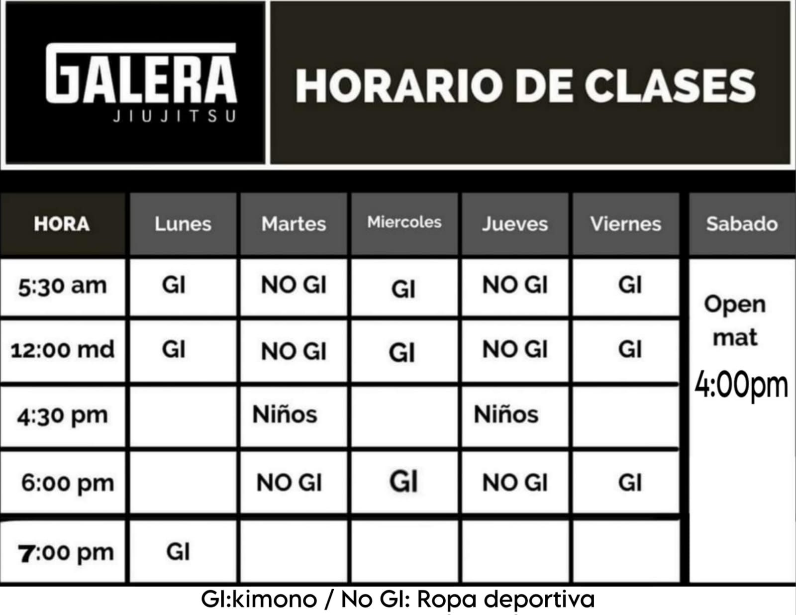 Horario Academia Galera BJJ Costa Rica